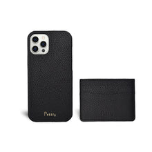 Load image into Gallery viewer, Black Pebbled Leather iPhone 13 , 12 &amp; 11 series Case &amp; Cardholder Set
