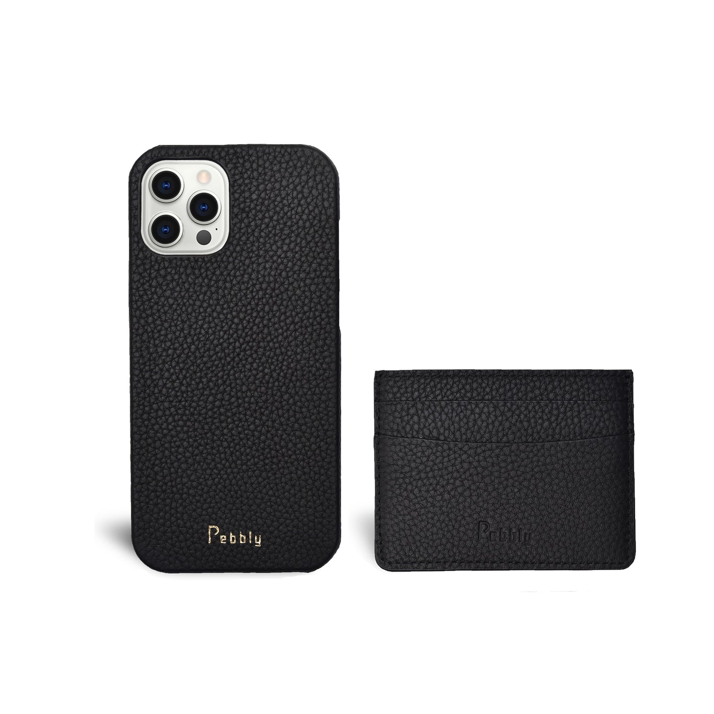 Black Pebbled Leather iPhone 13 , 12 & 11 series Case & Cardholder Set