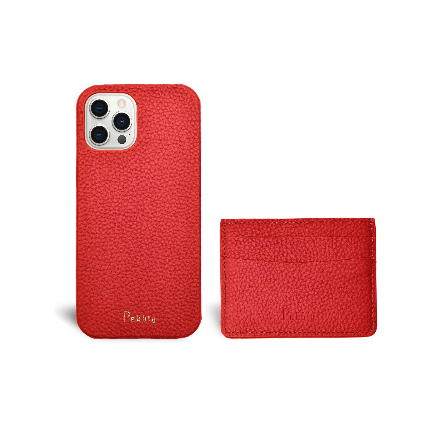 Cherry Red Pebbled Leather iPhone 12 series Case & Cardholder Set